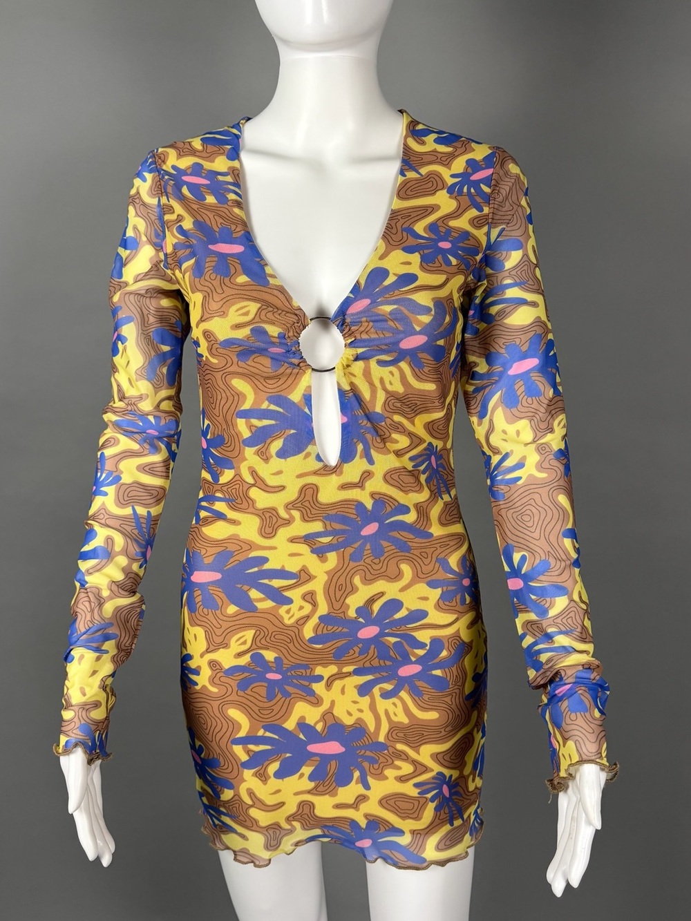 Long Sleeve Yellow Floral Print Ring-Front Mini Dress
